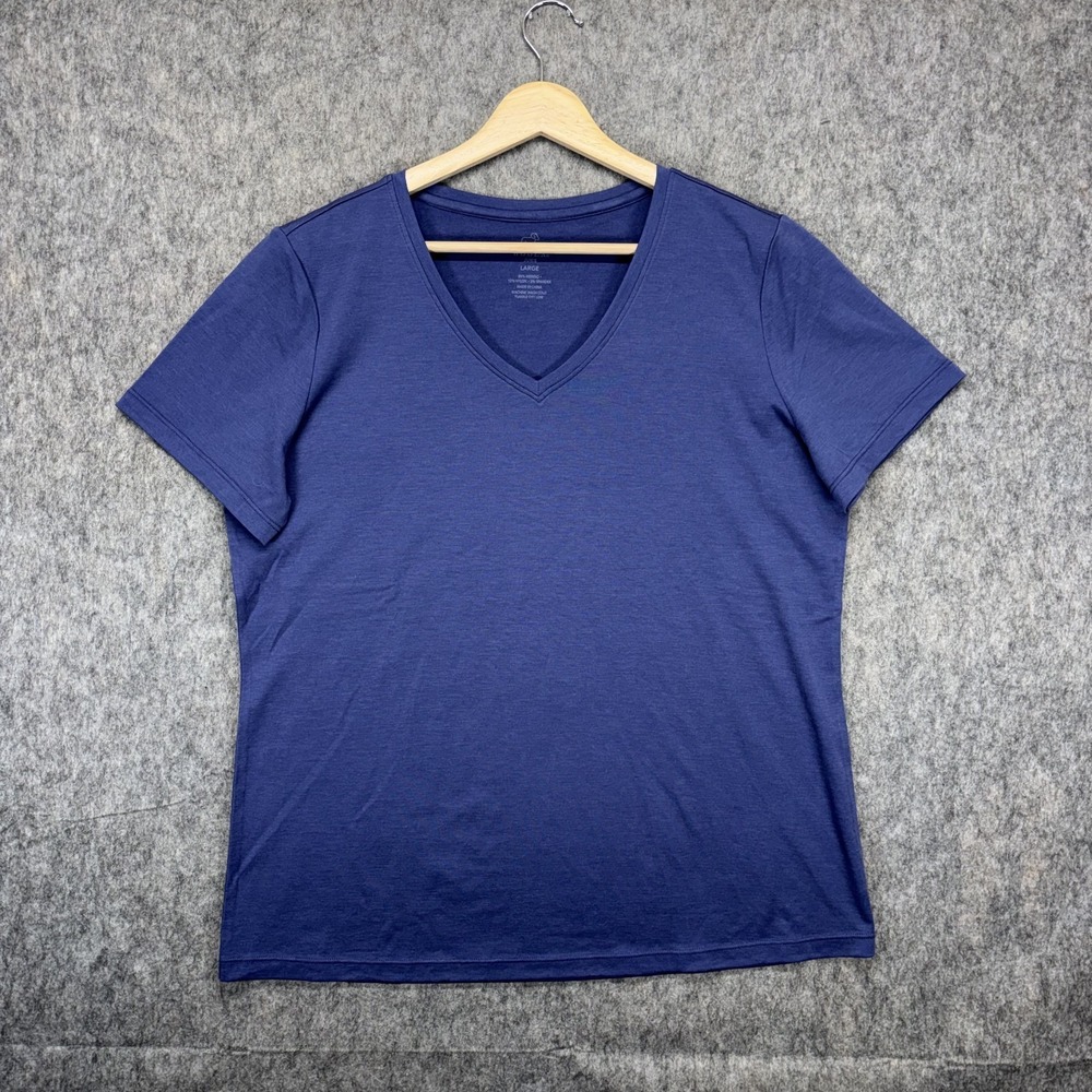 Woolx Junie V Neck Tee Merino Wool T-Shirt Women's Large Blue Short Sleeve